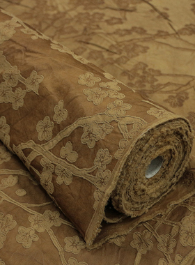 【冰裂寒梅】古法制作红茶染色重磅丝毛提花缎面料新中式服装布料