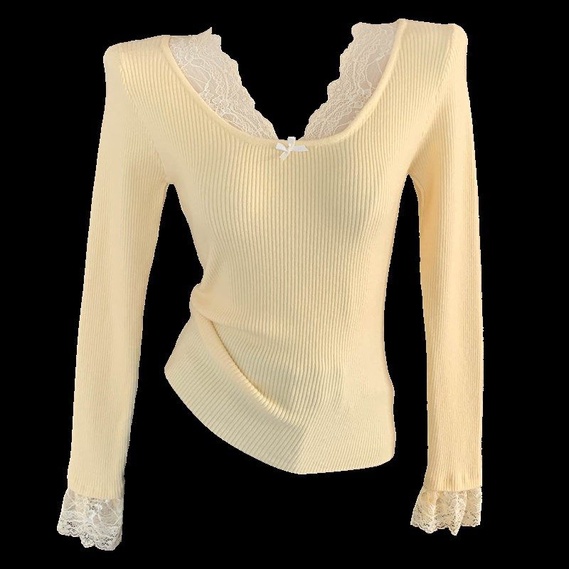 黄色低圆领蕾丝边针织打底衫女内搭2024秋冬新款毛衣春秋甜美上衣,淘宝优惠券,粉丝福利购,淘宝优惠卷