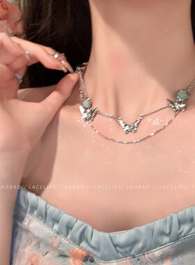 小众高货淸蝶乱舞~双层叠戴蝴蝶项链女2024新款绿色锆石锁骨链颈