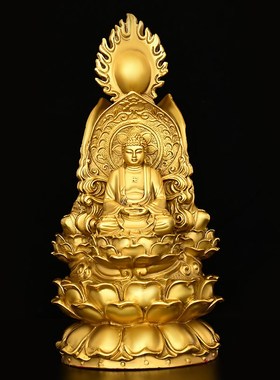 全铜三面圣佛摆件家用客厅供奉带背光佛像三尊佛三面佛释迦摩尼佛