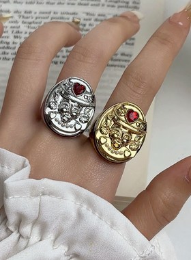 意大利小众设计师款闪钻红色爱心人像戒指穿戴装饰艺术高级指环女