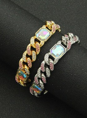 欧美夸张炫彩方钻古巴链潮v人项链 嘻哈街舞穿搭满钻霸气男士饰品