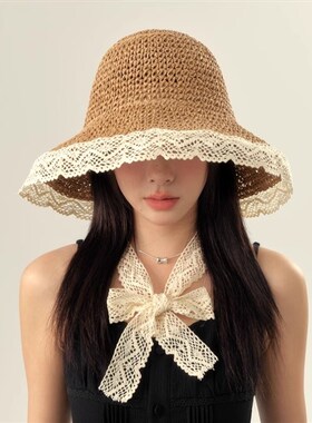 秃头少女~大帽檐飘带蕾丝边太阳帽女夏季户外海边可折叠草帽
