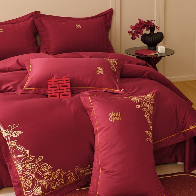 简约中式婚礼床品四件套全棉100支澳棉红色结婚被套床单1.8床笠,淘宝优惠券,粉丝福利购,淘宝优惠卷