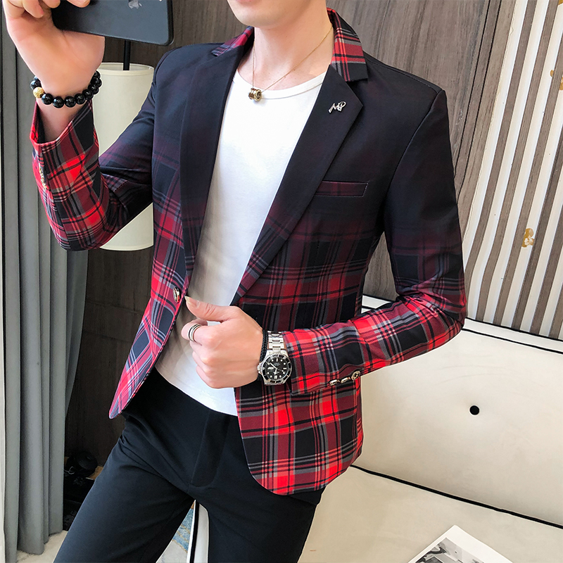 网红Men Blazer 2021 Spring New Colorblock Plaid Blazer Men S-图0