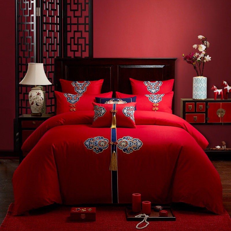 新婚庆四件套大红全棉刺绣结婚房床上用品六十件套喜婚被龙凤床品,淘宝优惠券,粉丝福利购,淘宝优惠卷