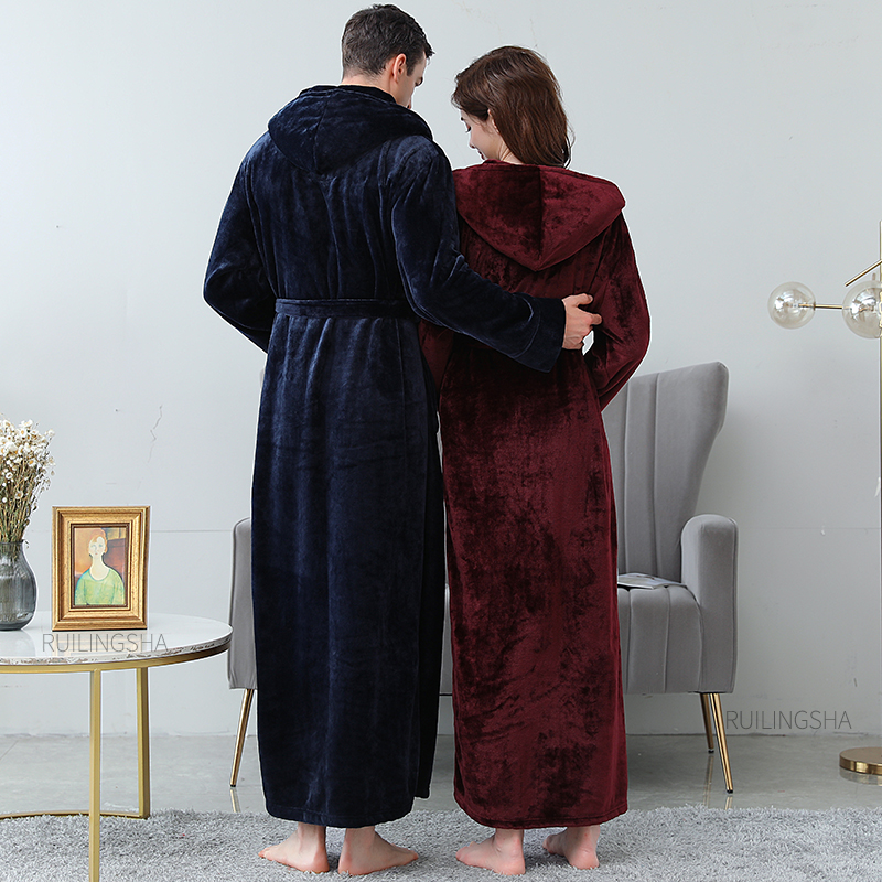 极速Men Winter Extra Long Warm Flannel Bathrobe Plus Size Co-图2