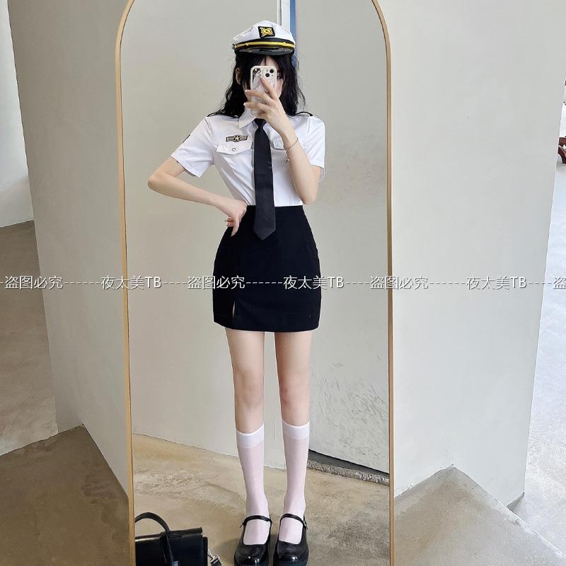 推荐夏季网红直播衣服女主播纯欲空姐jk制服短袖白色衬衣领带衬衫 - 图3