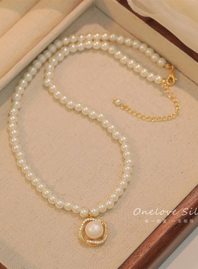 法式复古珍珠项链女2024新款爆款锁骨链轻奢小众设计感吊坠颈链夏