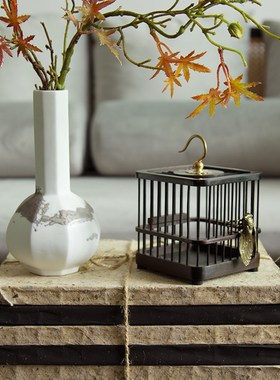 新中式木质金属迷你小鸟笼茶室茶桌客厅玄关房间软装饰品托盘摆件