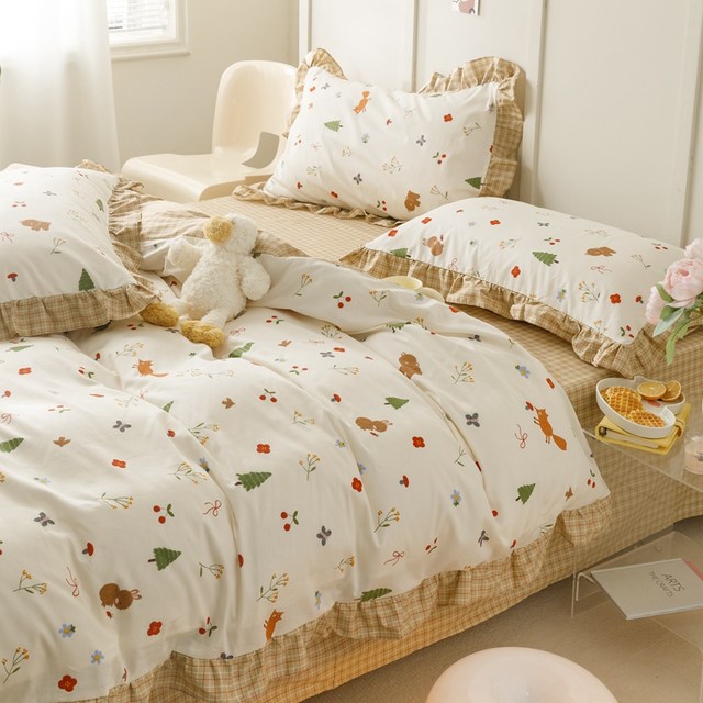 Hanamachi small fresh floral pure cotton bed four-piece set cotton field H garden style bed sheet dormitory three-piece set lace forest