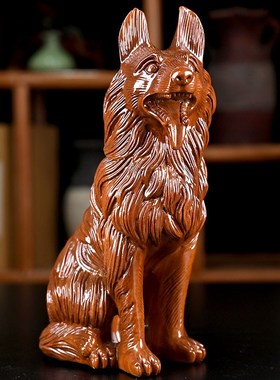 实木雕狗摆件木质雕刻工艺品招财生肖狼狗旺财客厅玄关酒柜装饰品