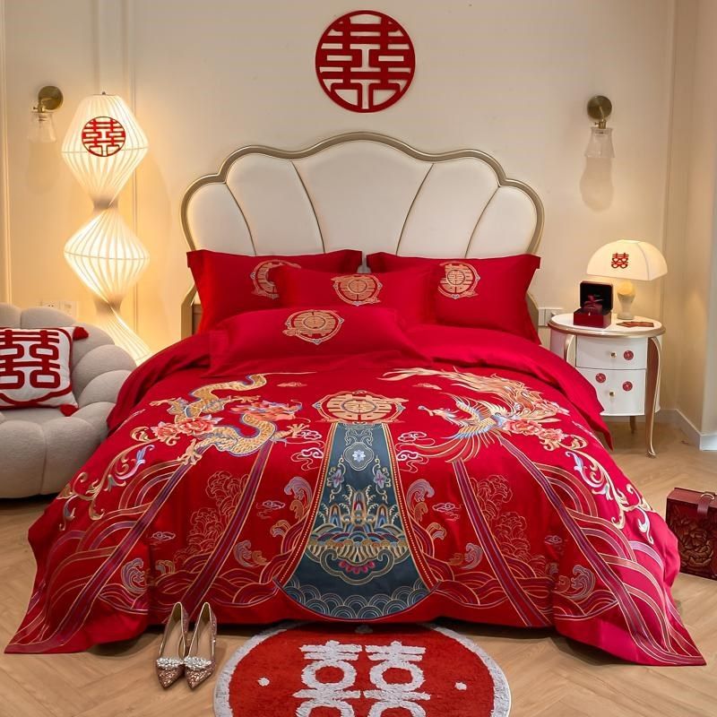 新中式龙凤刺绣结婚四件套全棉2024新款红色被套婚庆床上用品,淘宝优惠券,粉丝福利购,淘宝优惠卷
