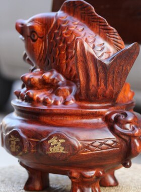 酒店开业紅木工藝品木质實木雕刻風水擺件招財鱼U聚宝盆開業禮品