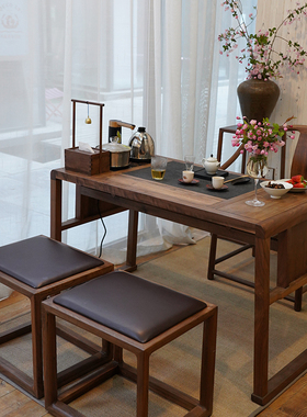 新中式实木方凳黑胡桃木小茶凳换鞋凳矮凳茶几简约家用皮凳
