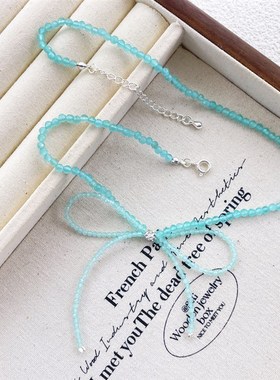 东大门清新浅蓝色透明水晶珠百搭串珠项E链蝴蝶结choker颈链锁骨