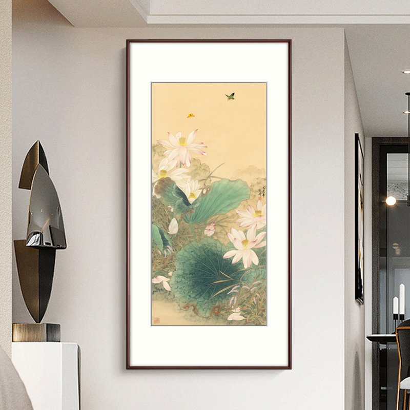 【十年老店】中式玄关荷饰画装版挂画走廊餐厅竖花U壁画荷气连连 - 图2