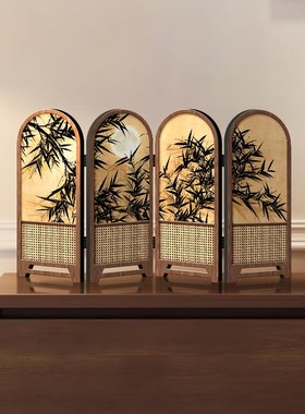 中古风桌面装饰摆件电视柜斗柜屏风摆台画墨竹图创意可折叠小摆画