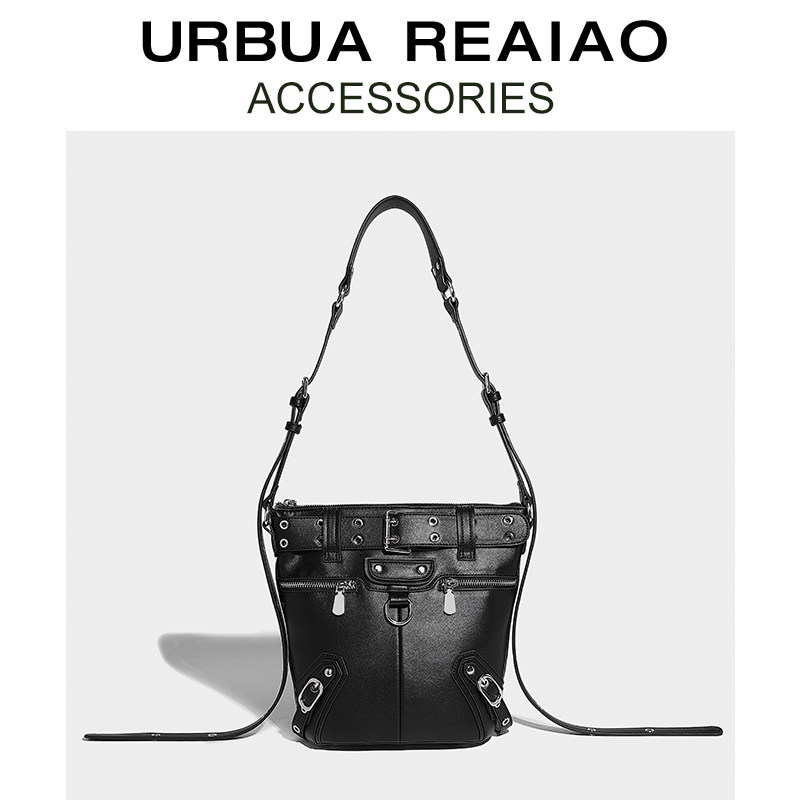 UR时尚重工铆钉机车包女2023新款小众高级感水桶包百搭单肩斜挎包,淘宝优惠券,粉丝福利购,淘宝优惠卷