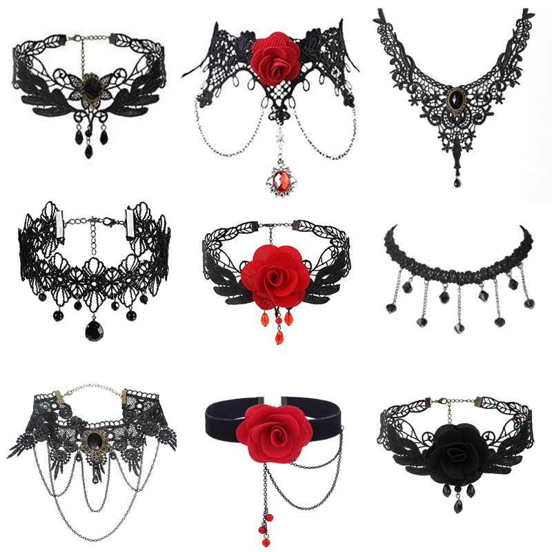 Gothic Cehokers Black Beaded olFwers Seky Lace Neck Choxer N - 图0