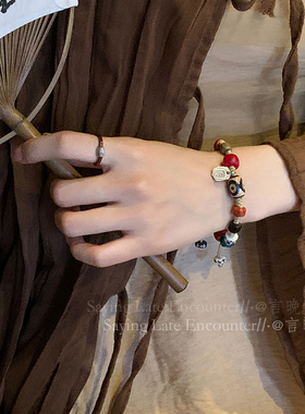 言晚遇~藏式三眼天珠编织麻绳手链女玛瑙牦牛骨串珠小众情侣手饰