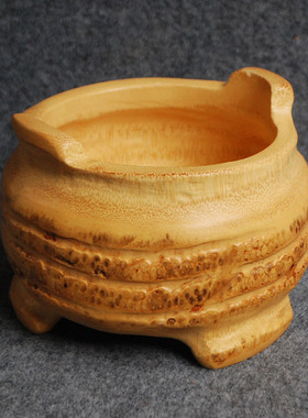 文玩竹根雕三足圆鼎摆件 v实用笔筒笔洗香炉 中式装饰文化礼品