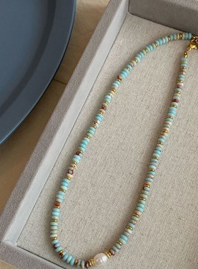 2024新款天然彩色串珠寿山石珍珠项F链女轻奢小众个性锁骨颈链项