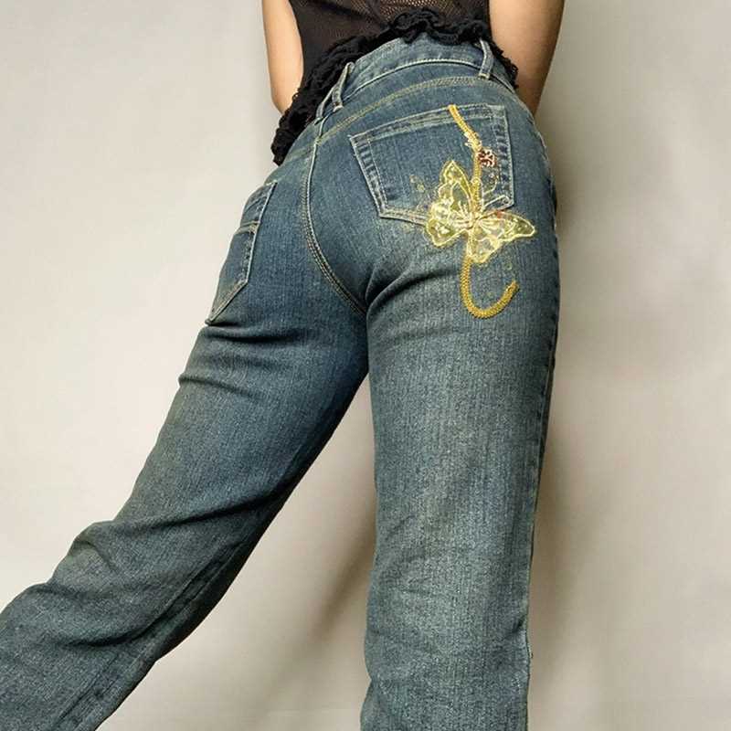 推荐Retro Butterfly Print Y2K Denim Jeans Low Waisted Grunge - 图1