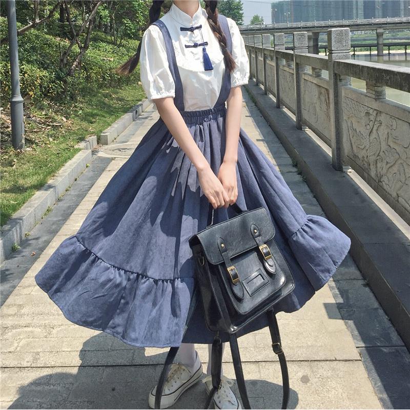 新品New Sweet Women Skirt Preppy Style Strap Long Skirt Ruff - 图3