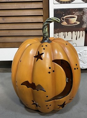 乡村田园彩色复古镂空发光仿木刻南瓜女巫万圣节场景装扮摆件装饰