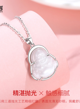 新品s925纯银猫眼石项链吊坠佛像女锁骨链笑佛弥勒佛送妈妈款礼物