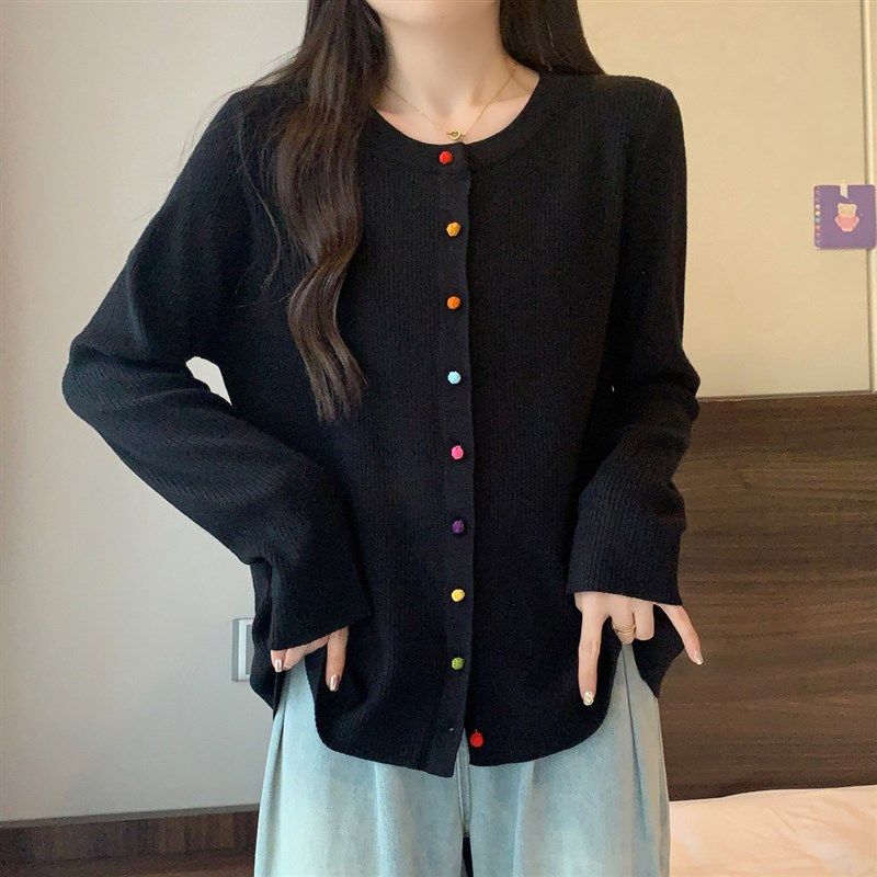 秋季大码女装洋气小众别致彩色纽扣针织开衫正肩显瘦毛衣内搭上衣,淘宝优惠券,粉丝福利购,淘宝优惠卷