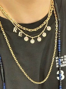 EYEFUNNY风格大笑脸小吊坠925镀金锆石男女情侣项链潮流送礼嘻哈