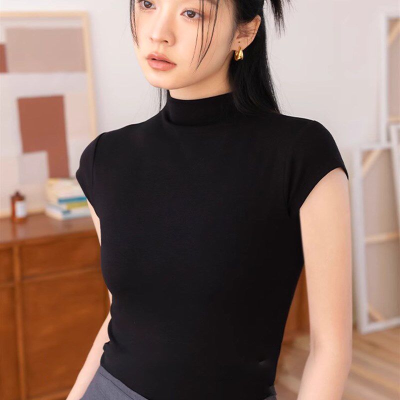 2024夏季新h款半高领短袖t恤女修身短款小个子法式小飞袖正肩上衣