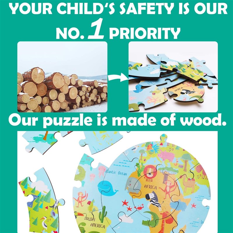 iPlay, iLearn Kids Wooden World Map Jigsaw Puzzles, Jumbo Ro - 图0