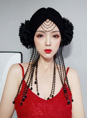 流苏针织帽女白色包头帽 复古写真拍照帽M珍珠毛线帽 手工小众款