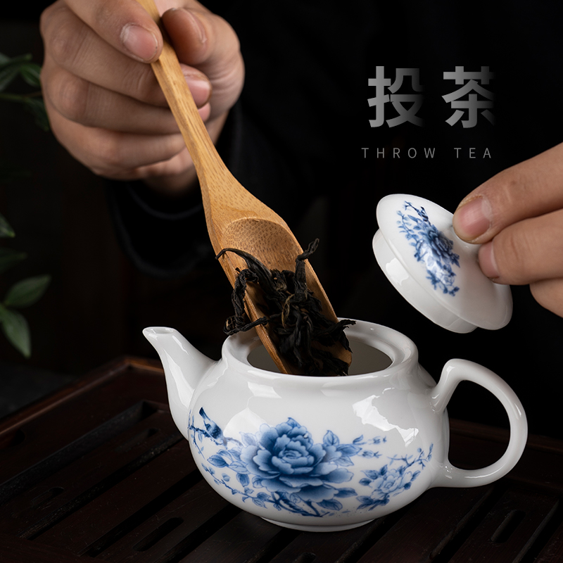 潮汕工夫茶茶壶陶瓷单壶小号容量迷你泡茶壶青花瓷茶具送壶绳 - 图0