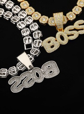 欧美嘻哈BOSS英文字母满钻吊坠说唱rappHer古巴项链男生hiphop首