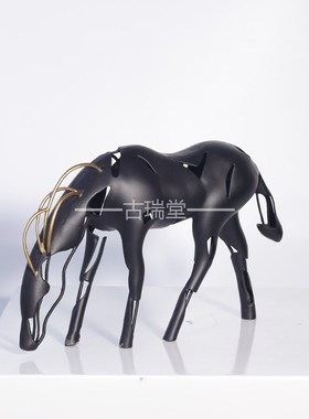 现代简约黑色金属创意客厅家居抽象动物马摆件样板房间装饰工艺品