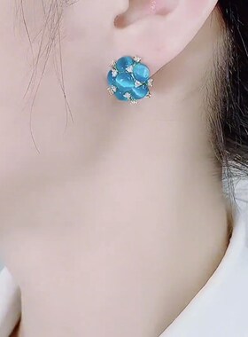 现货网红花e束耳钉2022新款潮蓝色猫眼石银针耳环女高级感气质百