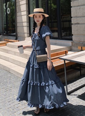 蓝色两件套牛仔连衣裙女夏季流行网红爆款炸街套装裙洋气时尚长裙