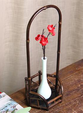 竹花架新中式禅意茶桌摆件客厅玄关装饰花瓶提架博古架插花台现货