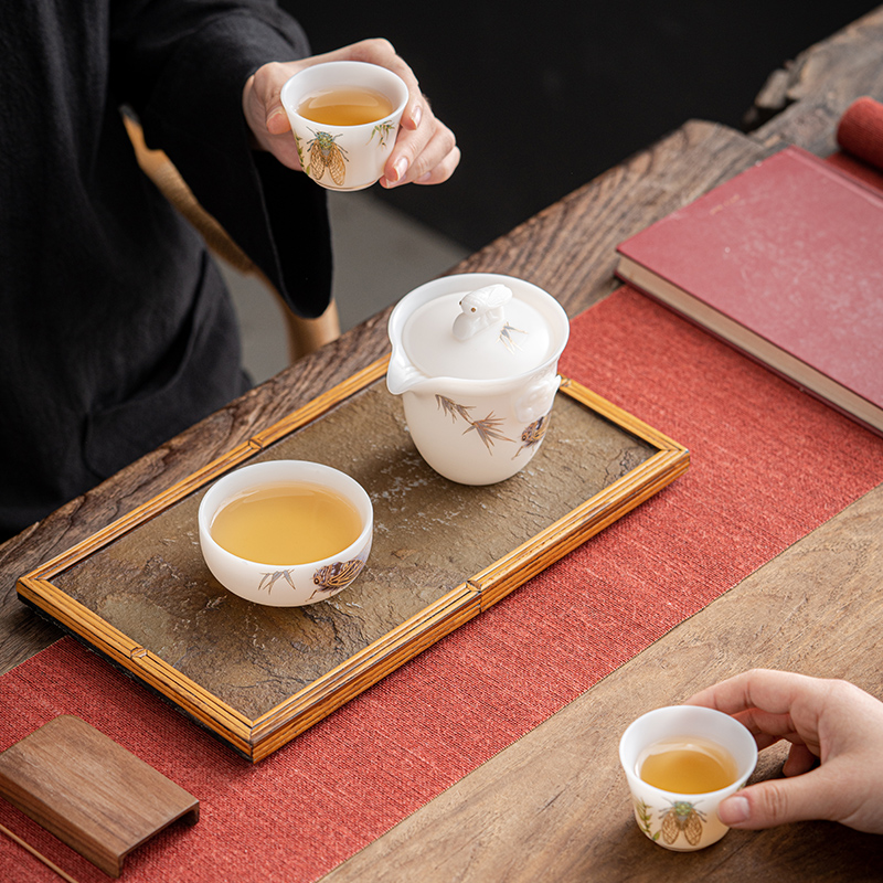 唐舍 冰种羊脂玉瓷快客杯一壶三杯旅行茶具套装白瓷泡茶壶便携包 - 图2