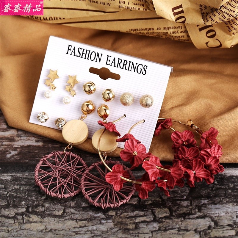 极速6 pairs Studs petal Big Ear ring Exaggerated pearl earri - 图2