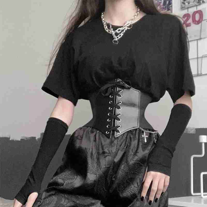 速发Women's Corset Belt Gothic Fashion PU Leather Female Lac-图0