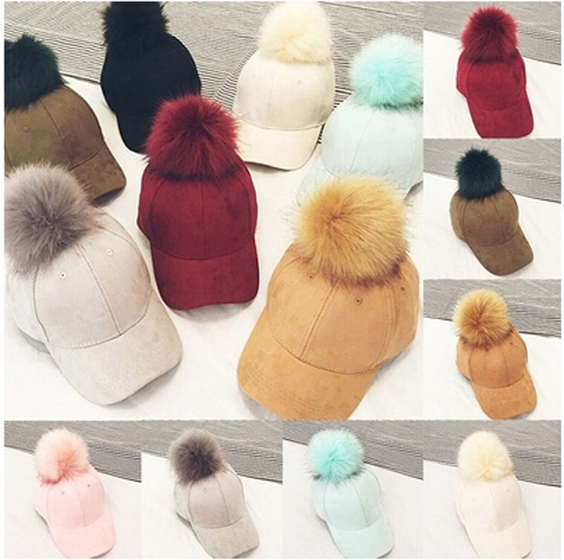 极速Baseball Caps New Women Faux Fox Fur Pompom Ball Suede A - 图0