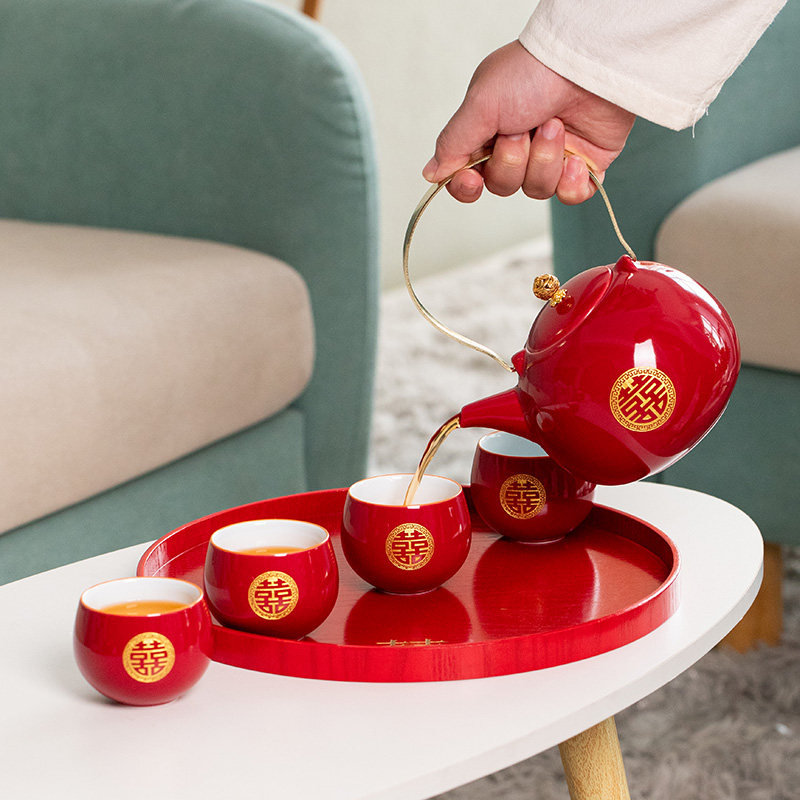 Wedding red teapot for tea cups, wedding bowls and chopsticks set braised teapot for women dowry tea set wedding gift for newlyweds