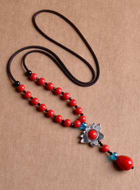 朱砂毛衣链莲花吊坠红色长款项链女秋冬衣服配饰品挂件Z民族风挂