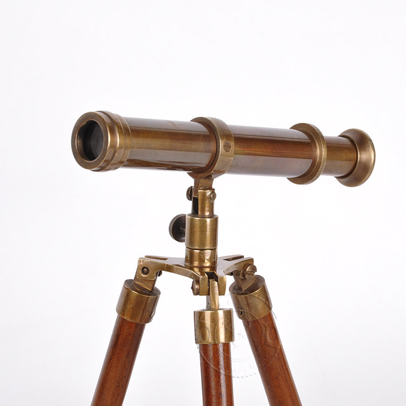 欧式美式纯铜仿古复古黄铜实木三脚架望远镜法式软装饰品摆件小号
