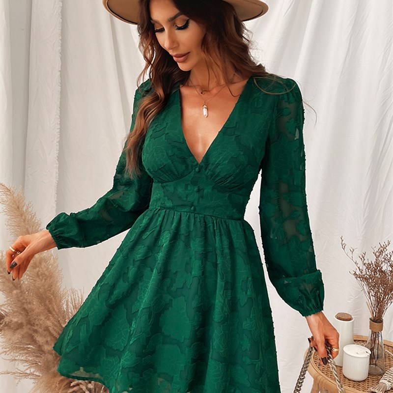 MISS PETAL Plunge A-Line Mini Dress Woman Green Sexy Long - 图1